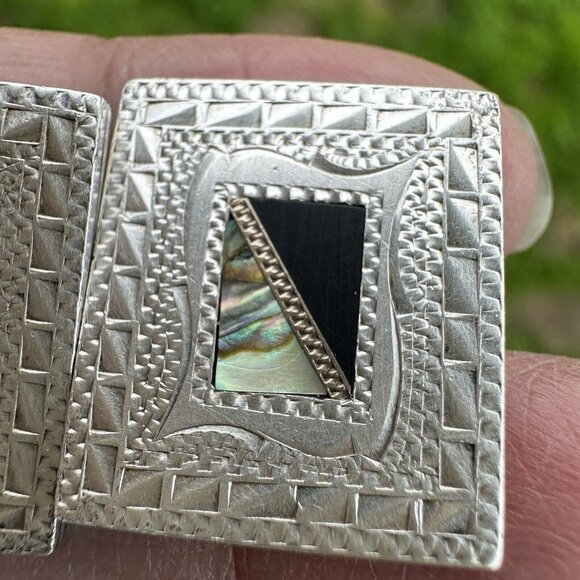 VTG Art Deco Cufflinks 0.75" Inlaid Abalone Shell Black Onyx 925‎ Sterling 21.1g - Picture 4 of 8